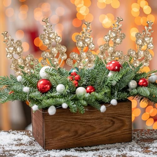 Geosar 36 Pcs Christmas Glittered Berries Stems, Champagne