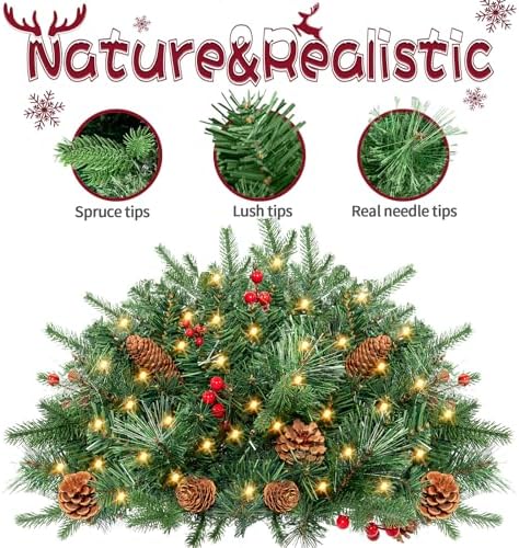 ENVEN Outdoor Christmas Tree Frosted Urn Filler 2 Set, Pre-lit Artificial Xmas Tree with Cones & Red Berries, Small Christmas Tree with 70 Warm Lights