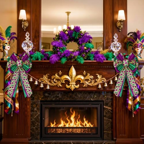 Mardi Gras Tree Topper Bow Decorations,12”x20” Large Glitter Wreath Bow Decor for Tree Holiday Party Wall Home Front Door Float Golf Cart Gold Green Purple