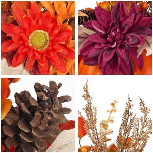 Artificial Pumpkin Fall Décor - Autumn Table Centerpieces with Red Faux Flowers, Maple Leaves, Sunflowers, Pumpkin – Halloween, Thanksgiving & Harvest Home Decoration