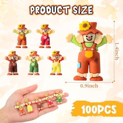 Beeveer 100 Pcs Fall Scarecrows Mini Figurines, Thanksgiving Rubber Decor
