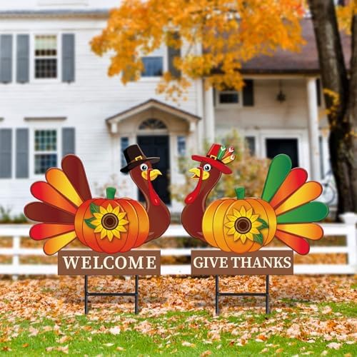 JarThenaAMCS 2 Pack Thanksgiving Fall Metal Garden Stakes Decorations Turkey Pumpkin Welcome Yard Sign for Autumn Harvest Outdoor Lawn Patio Walkway