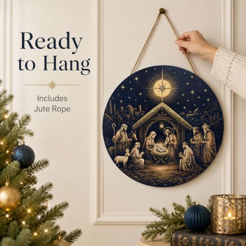 Christmas Decorations - Jesus Nativity Scene Wooden Sign for Front Door