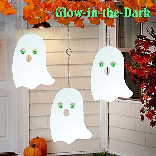 Halloween Glow in The Dark Metal Ghost Pendant Set of 3, Indoor Outdoor Hanging Decor Ornament