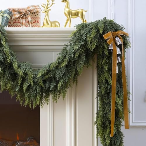 2 Pcs 9 Feet Christmas Cedar Garland - Thick & Lush Realistic Artificial Green Faux Cedar Pine Needles Garland for Christmas Winter Home Mantel Fireplace Holiday Party Decor