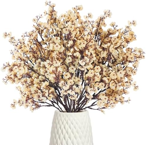 Uieke 6 Pcs Artificial Flowers Baby Breath Faux Champagne Artificial Gypsophila Bouquet Fake Silk Flowers Real Touch for Home Office Kitchen Wedding Wall DIY Room Farmhouse Décor
