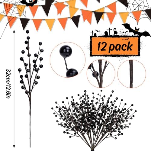 Whaline 12Pcs Halloween Artificial Berry Stem Branches Black Fake Berry Twigs for Indoor Outdoor Home Party DIY Crafts Supplies