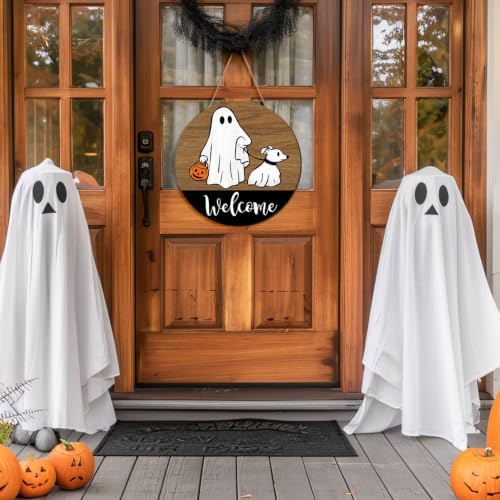 Halloween Ghost Walking Dog Door Sign Decorations Round Welcome Wood Wreath