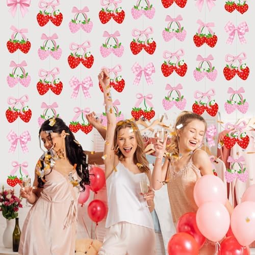Xinnun Pink Bow Strawberry Garland Berry First Birthday Decorations