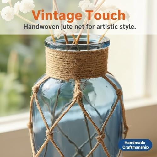 Blue Glass Flower Vase with Rope Wrapping Wide Mouth Woven Vase Decorative Floral Bottle Bud Vase for Table Centerpiece Home Decor Wedding Party (8x16 cm/3x6.3 Inch)