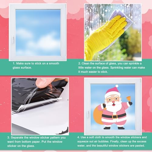 Whaline 9 Sheets Merry Christmas Window Cling Stickers Pink Cartoon Santa Snowman Penguin Reusable Window Decals for Xmas Winter Party Home Office Classroom Decoration