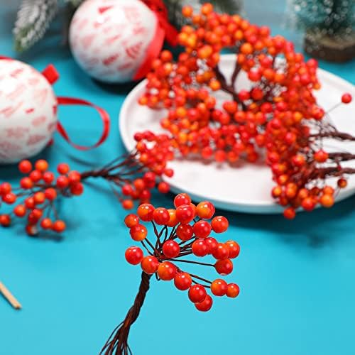 BBTO Artificial Holly Berries on Wire Stems, 250 Stems with 500 Pieces 8 mm Fake Berries for Christmas Tree Decorations Wreath Craft Use Wedding Party Favor (Yellow, Red)