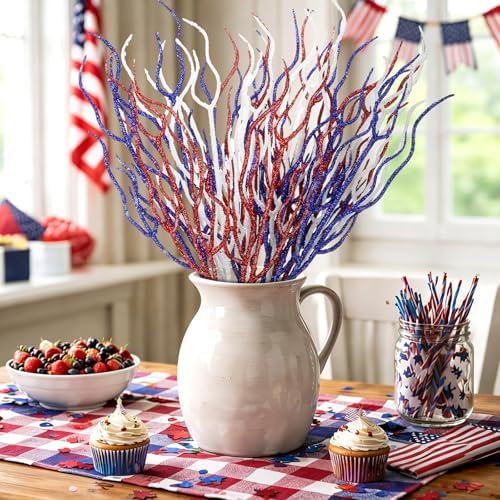 Giegxin 16 Pack 17 Inch Red Blue and White Floral Picks No Berries