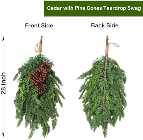 2PCS 28’’ Lush Cedar Pine Swag with Big Pine Cones, Christmas Teardrop Swag