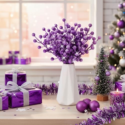 Geosar 30 Pieces Artificial Christmas Berry Picks with Snowflake Glitter Holly Berry Stems for Christmas Tree Ornaments Vases DIY Crafts Wedding Party Holiday Decor(Glitter Purple)