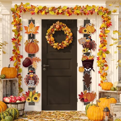 CroBlissful 2 Sets Thanksgiving Porch Banner Fall Welcome Door Sign Decor