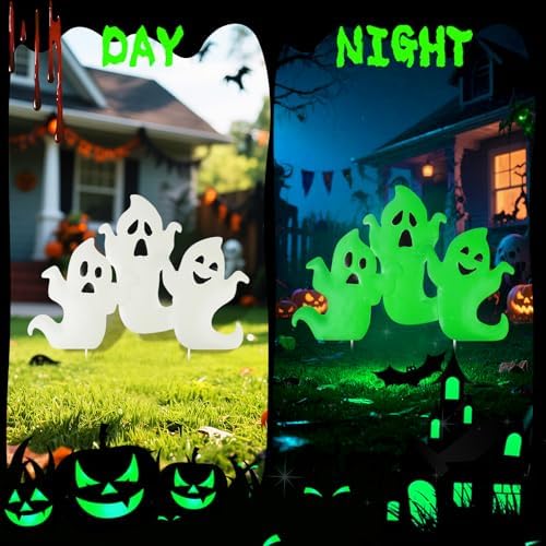 YiYa Halloween Garden Decorations Metal Halloween Ghost Yard Signs with Stake Metal Ghost Stakes with Glow in The Dark for Outdoor Lawn Decor Yard Garden Decor