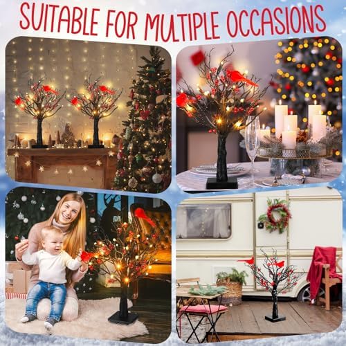 Realspring 2 Pcs Vintage Glowing Tree with Cardinals Christmas Lighted