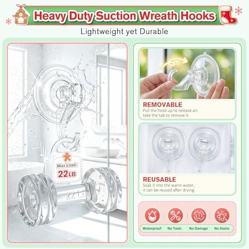 VIS'V Suction Wreath Hanger, Heavy Duty, 22 LB, Large, Clear, 4 Pcs
