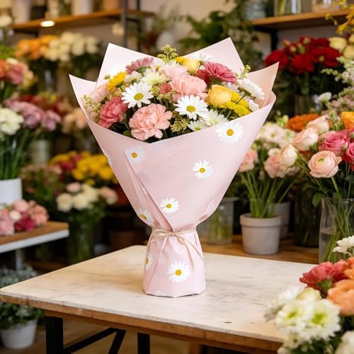 LeZakaa 20 Sheets Pink Daisy Flower Wrapping Paper, Waterproof Florist Daisy Bouquet Wrap, Korean Style Floral Paper for for Birthday, Graduation, Mothers Day, Valentines, 22 x 22 Inches