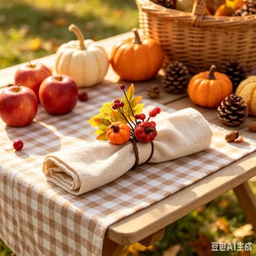 12 PCS Fall Napkin Rings Thanksgiving Napkin Rings Fall Napkin Holder Buckles with Maple Leaves Berries Autumn Harvest Table Decor for Dinner Party Banquet Wedding