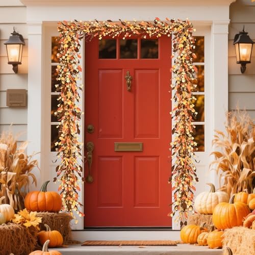 Waipfaru Fall Decor, 6FT Fall Garland with Lights Autumn Eucalyptus Leaves Lighted Garland Thanksgiving Harvest Festival Decoration for Home Mantle Porch Outdoor Indoor Wedding Window Wall Arch(2 PCS)