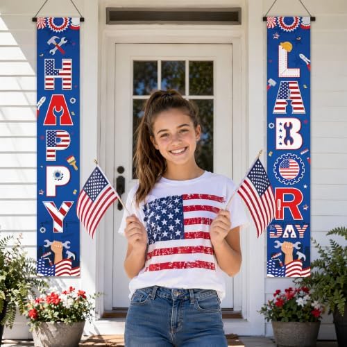 Labor Day Decorations Outdoor - 2 Pcs Happy Patriotic Door Banner