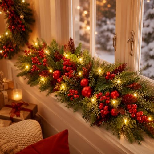 Yalikop 2 Pcs 24.5 Inch Christmas Swags with Light, Ball and Berry