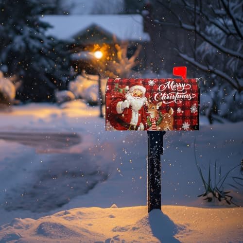 Christmas Santa Mailbox Covers Magnetic 21 x 18 Inch Xmas Deer Mailbox Cover Red Black Buffalo Plaid Holiday Post Box Letter Wraps Standard Size for Garden Outdoor Decor