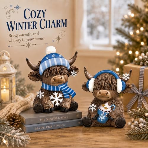 Karenhi 2 Pcs Highland Cow Figurines Resin Winter Decor for Tabletop
