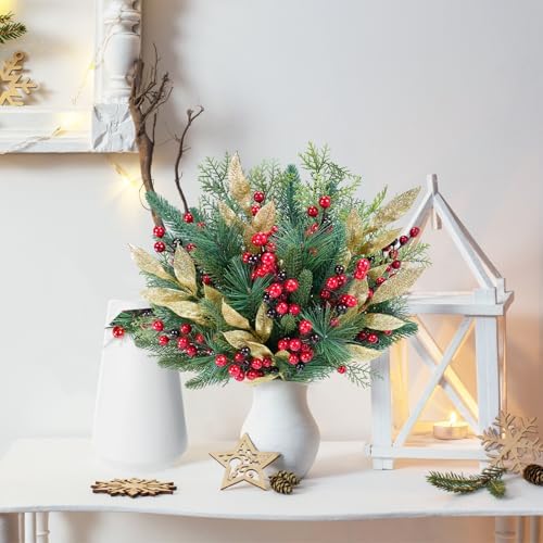 Winlyn 70 Pcs Assorted Christmas Greenery Stems Artificial Pine Branches Evergreen Cedar Picks Red Berry Stems Pine Needles Glitter Leaf Sprays 5.9"-12.7" for Holiday Trees Floral Arrangements Wreaths
