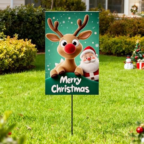 Merry Christmas Garden Flag 12x18 Inch Double Sided Outside,Santa Deer Xmas Happy Holiday Season Yard Flags,Burlap Welcome Small Garden Flags Vertical Banner for Outdoor Decoration