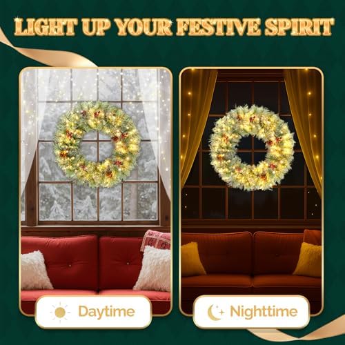 VINGLI 24" Small Christmas Wreath 2 Pack with 100 LED Battery Lights