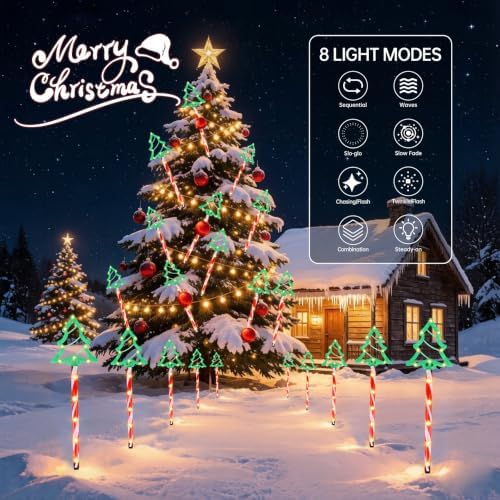 Solar Christmas Tree Pathway Lights Outdoor, 10 Pack Tree Candy Cane Lights