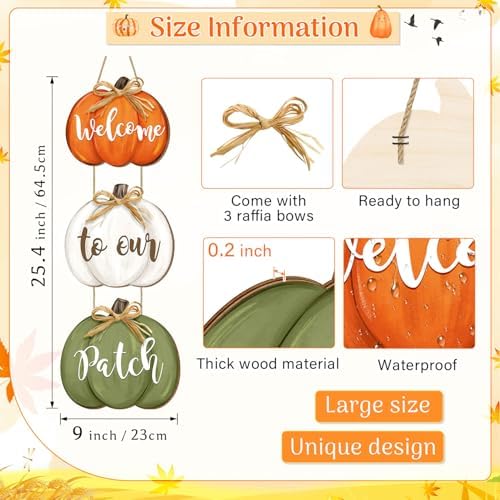 3 Piece Fall Pumpkin Door Sign, Wooden Pumpkins Thanksgiving Day Hanging Decor with Raffia Bow, Welcome to our Patch Sign for Farmhouse Front Door Porch Wall Autumn Harvest Home Decorations