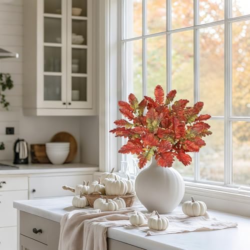 Faux Oak Leaf Branches 5 Pcs Fall Leaf Stems for Vases, 18" Fall Leaves Stems Artificial Oak Branches, Faux Oaks Branch for Autumn Decor Farmhouse Thanksgiving Centerpiece Halloween Decoration, Red
