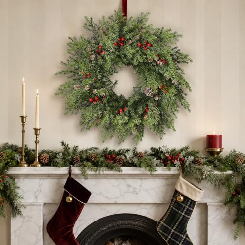 24"Artificial Norfolk Pine Wreath with Berry for Christmas Front Door Decor
