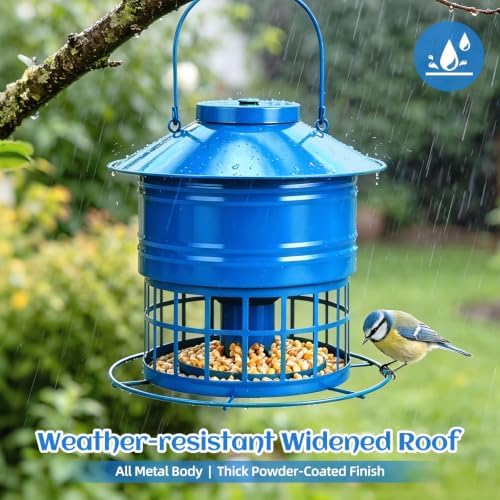Bird Feeder for Outdoors, Squirrel Proof Bird Feeder for Outside 10LB Metal Caged Wild Bird Feeder with 32 Feeding Ports, Hanging Birdfeeder for Small Birds, Cardinals, Bluebirds, Finches (Blue)