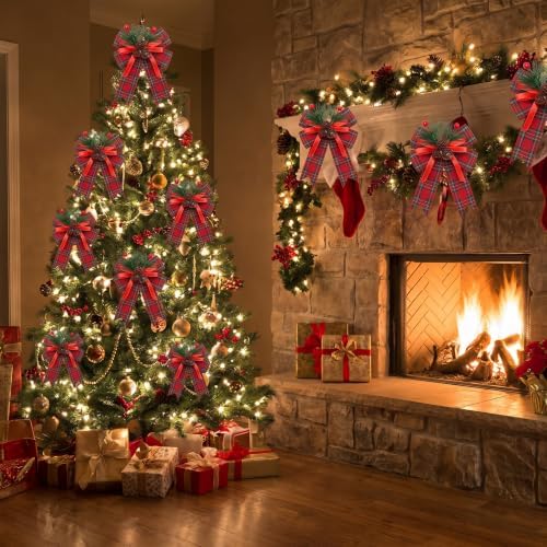 Moucuny 6 Pcs Christmas Burlap Bows Red and Green Plaid