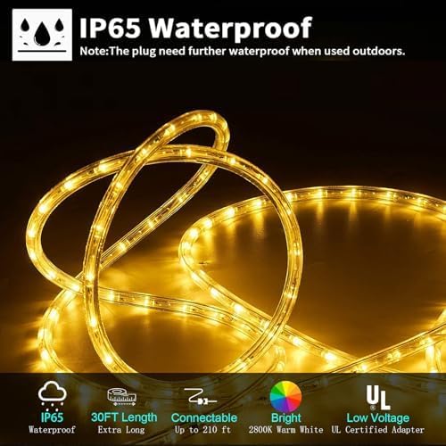 Vigdur LED Rope Lights Outdoor, 30FT 360 LEDs Warm White Rope Lights