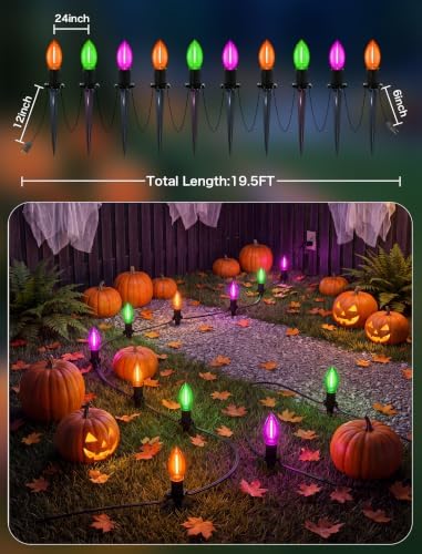 SUNSGNE C9 LED Halloween Pathway Lights, Orange Green Purple Stake Lights