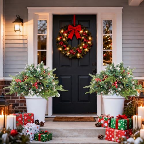 2 Pack Christmas Tree Urn Filler, Lighted Artificial Xmas Pine Trees with Tripod Stake, Light Up 8 Modes & Timer, Battery Powered Outdoor Planter Filler Festival Holiday Home Decor