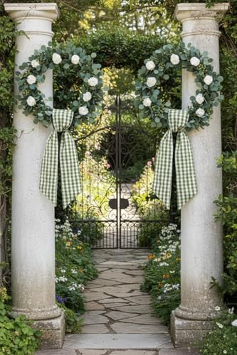 2 Pack Green White Plaid Wreath Sash Front Door Decoration, Blank Sashes Spring St Patrick Wedding Holiday Party Bow Ribbon Bundle Indoor Outdoor Farmhouse