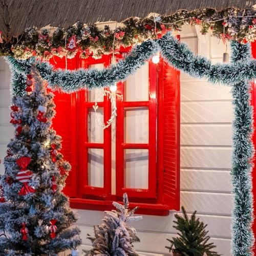 50FT Christmas Tinsel Garland, Snow Flocked Artificial Greenery Pine Garland for Christmas Tree Wedding Birthday Home Party Decoration