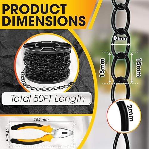 [Upgraded] 50’ Electroplated Steel Hanging Chain Roll 20LBS Capacity+Pliers