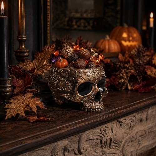 Halloween Skull Trick Or Treat Bowl Black Skeleton Planter Gothic Candy Pot