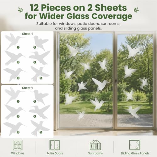 UV Reflective Window Bird Stickers, 12 Pcs Hummingbird Anti Collision Decals on 2 Sheets for Glass Doors and Windows