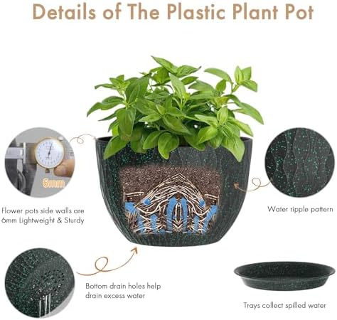 WSMKSZ 12 Inch Wide Water Ripples Flower Pots for Indoor or Outdoor Plants, Large Plant Pots with Drainage Holes & Saucer, Plastic Planters Set for Garden & Home Decor (Black with Green Speckles)
