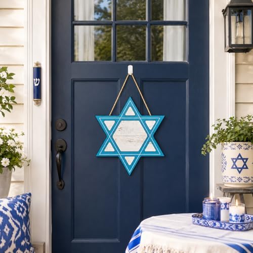 Smile Rosh Hashanah Wooden Door Hanger, Star of David Front Door Sign for Jewish New Year Home Decor