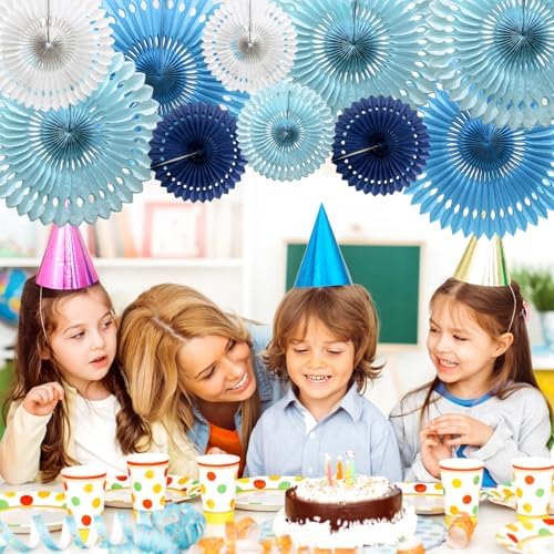 Blue Honeycomb Paper Fan Decorations Royal Blue Hanging Decor 10Pcs